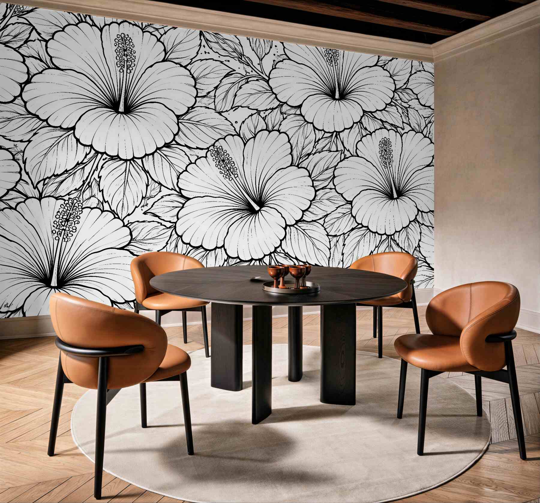 Fototapeta hibiskusy w czarno-białym konturze