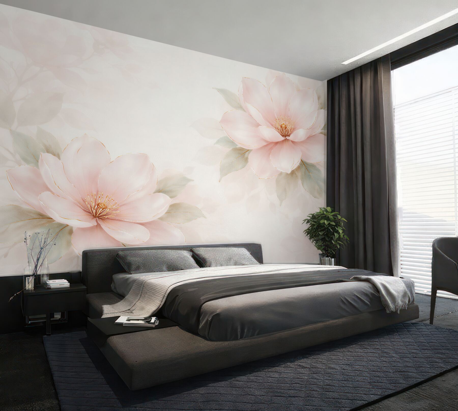 Fototapeta pudrowe magnolie ze złotą linią