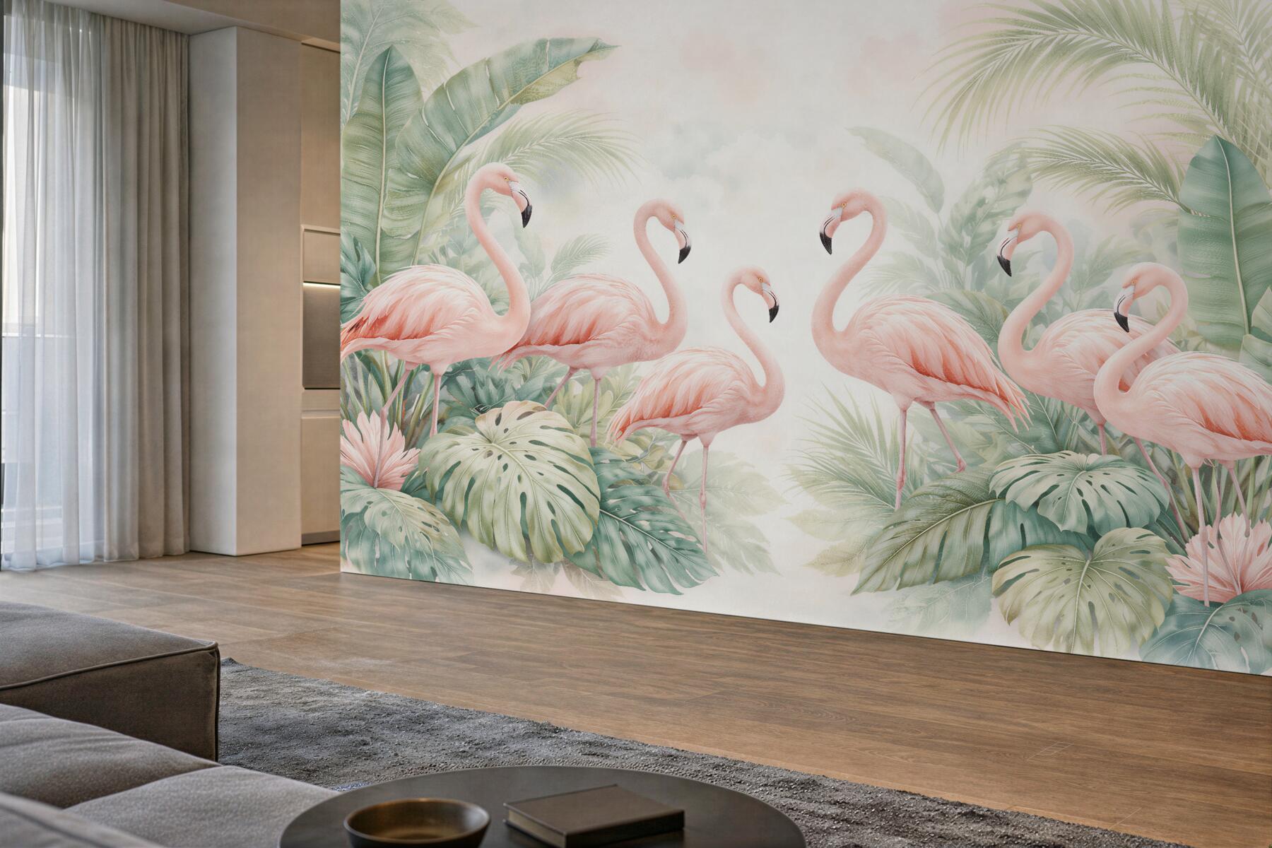 Fototapeta flamingi w tropikalnych liściach