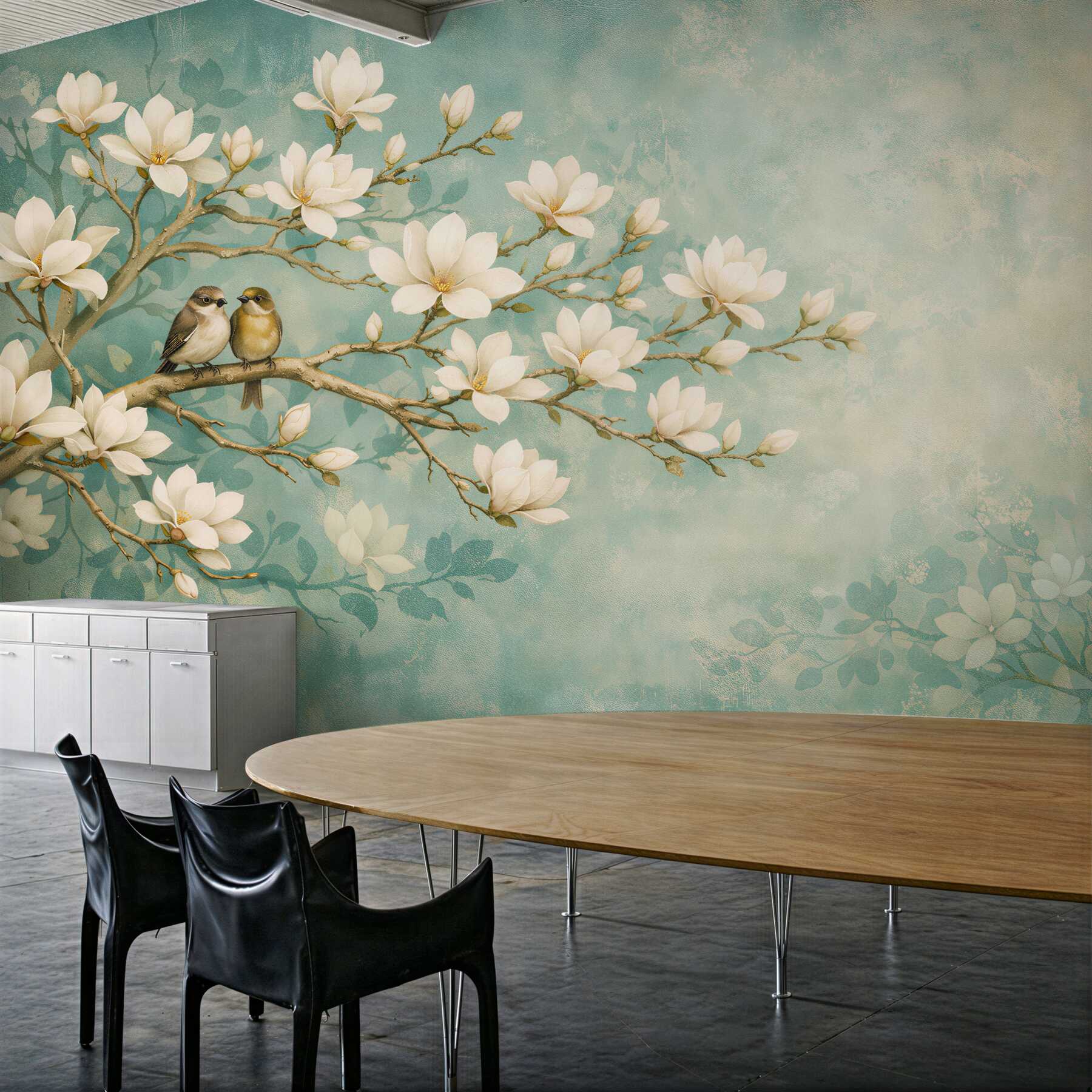 Fototapeta magnolie z ptaszkami na gałęzi