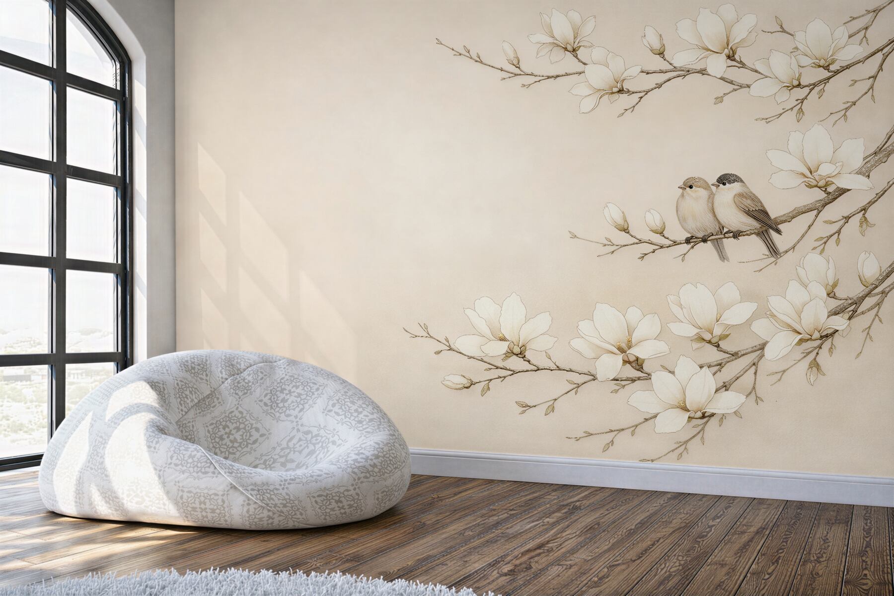 Fototapeta magnolie z ptaszkami w beżu?v23