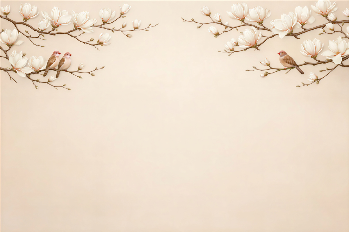 Fototapeta magnolie z ptakami w beżu
