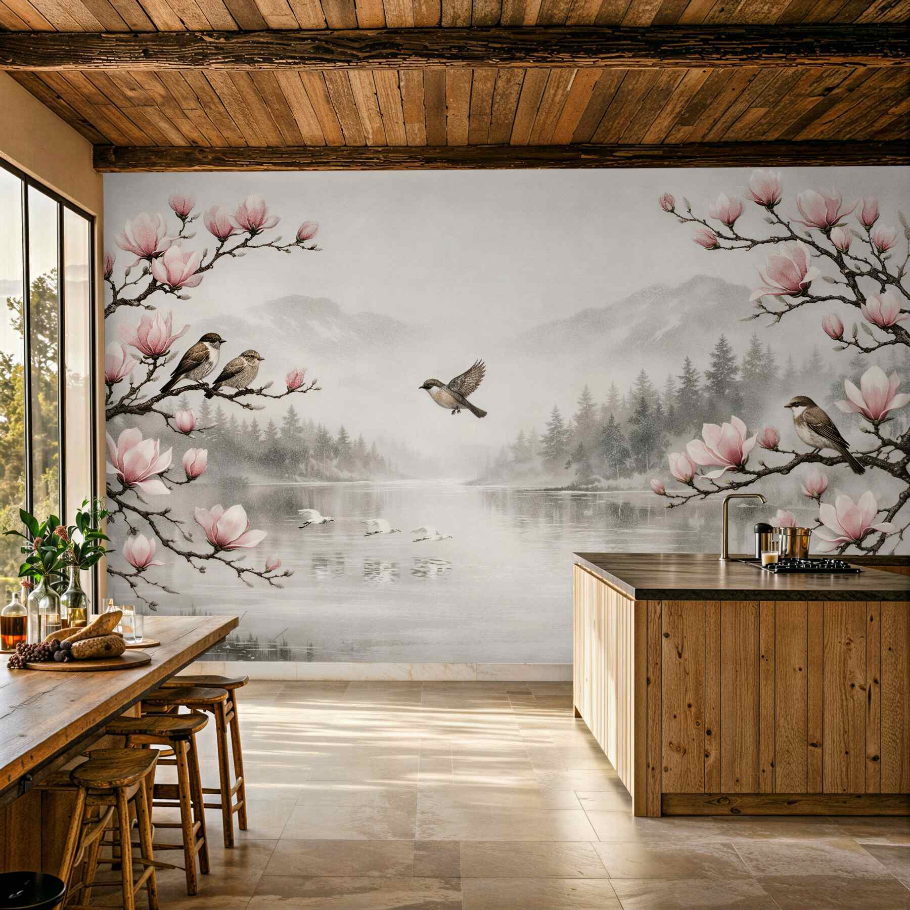 Fototapeta magnolie nad mglistym jeziorem