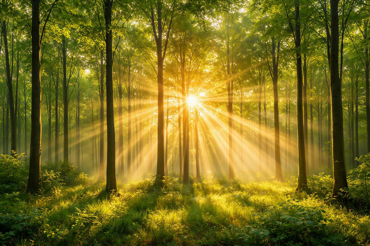 Fototapeta słoneczne promienie w zielonym lesie