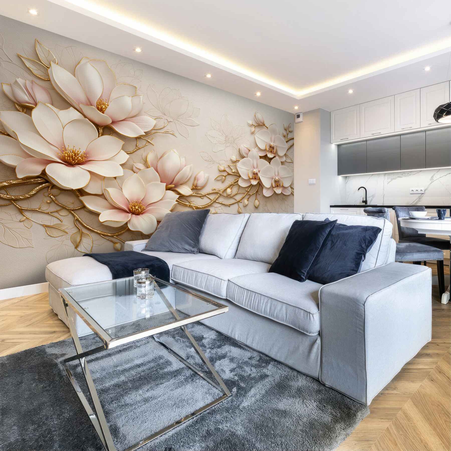 Fototapeta złote magnolie i orchidee glamour?v23