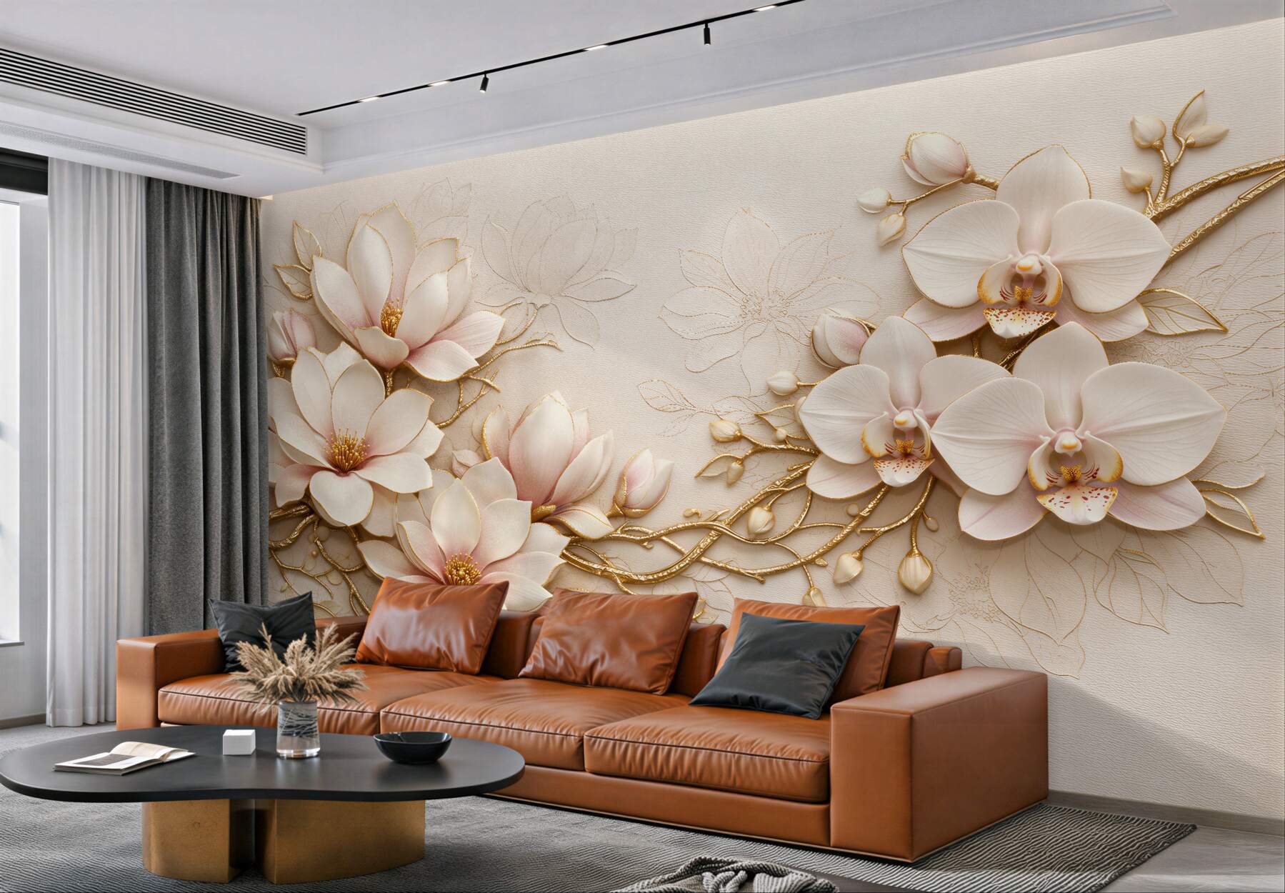 Fototapeta złote magnolie i orchidee glamour?v23