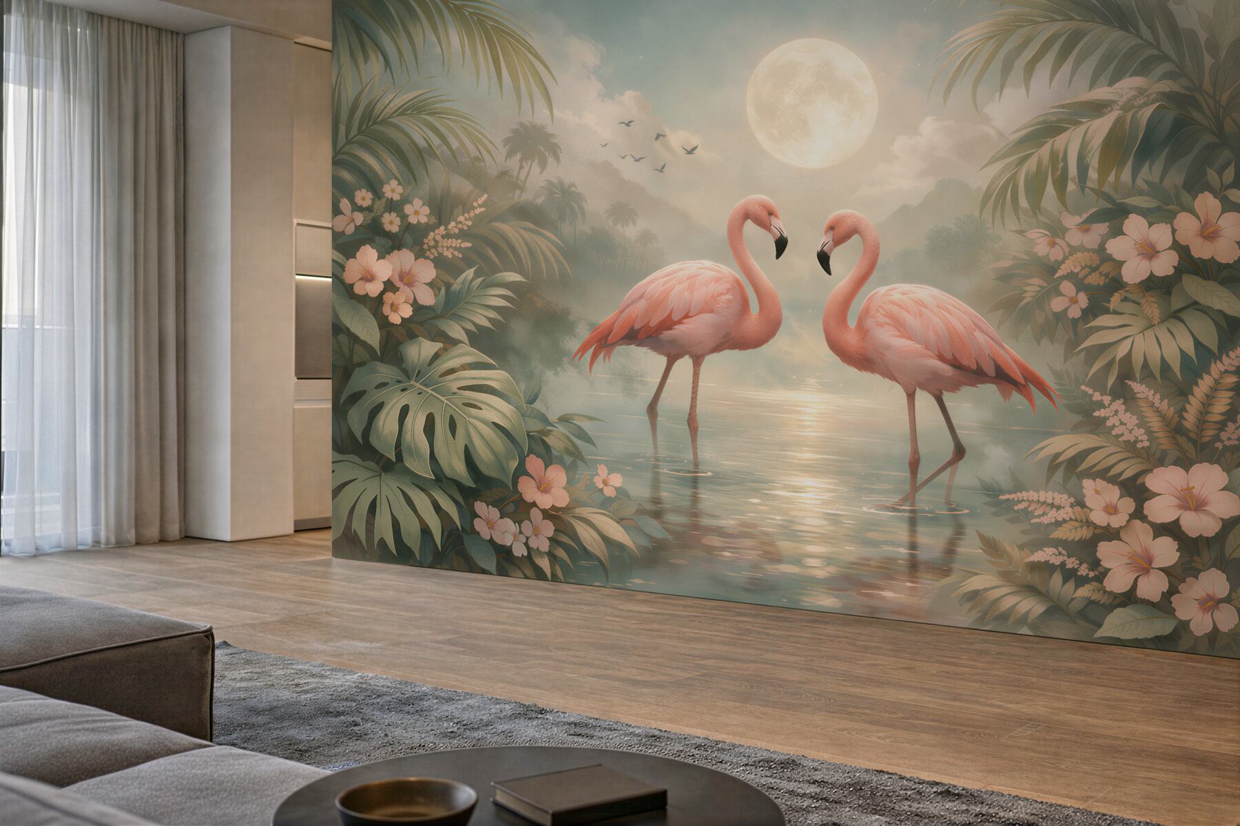 Fototapeta flamingi w księżycowej lagunie