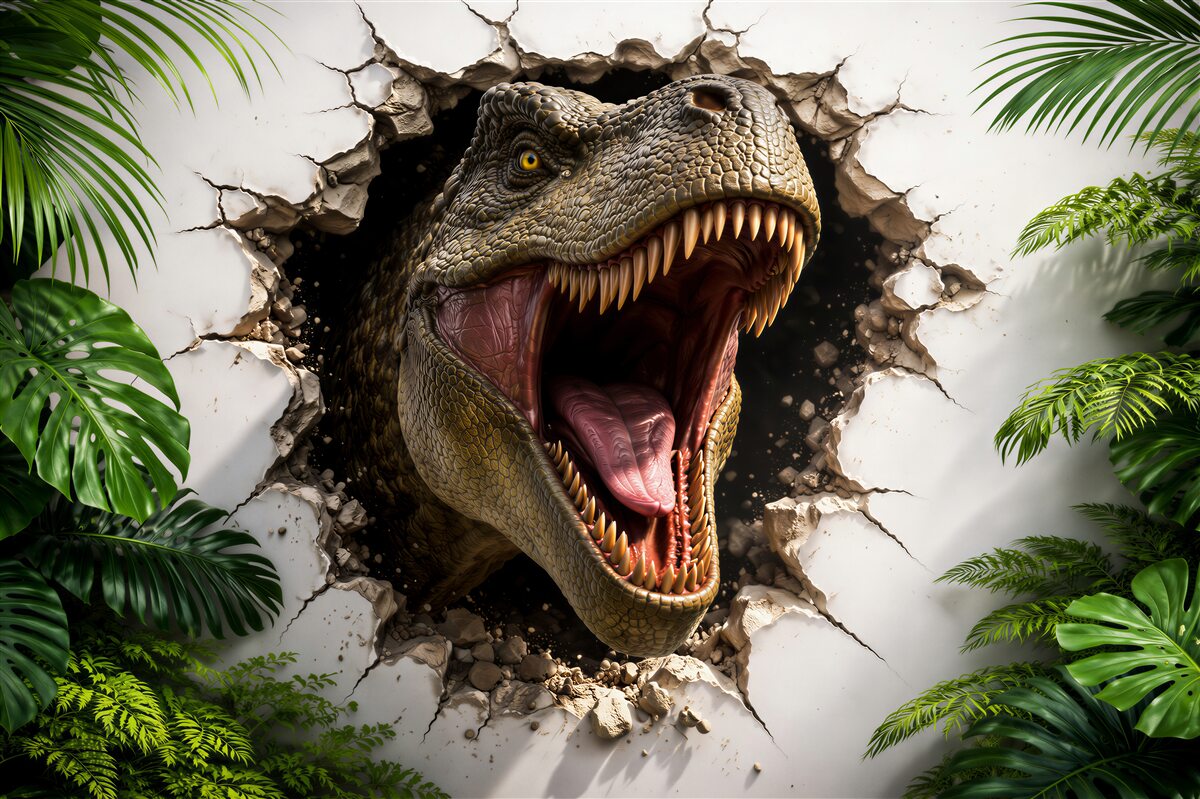 Fototapeta dinozaur 3d przebijający ścianę