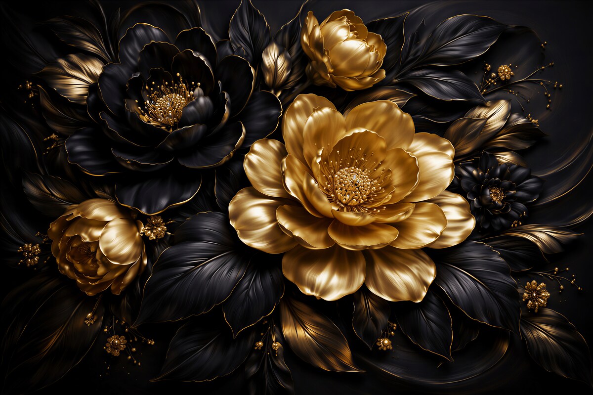 Fototapeta złoto-czarne kwiaty glamour