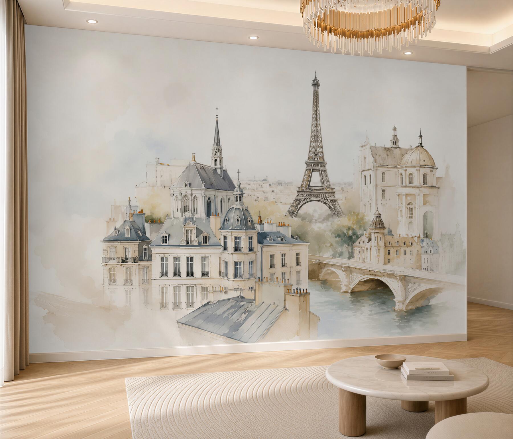 Fototapeta Paryż z wieżą Eiffla w jasnej akwareli eleganckie miasto