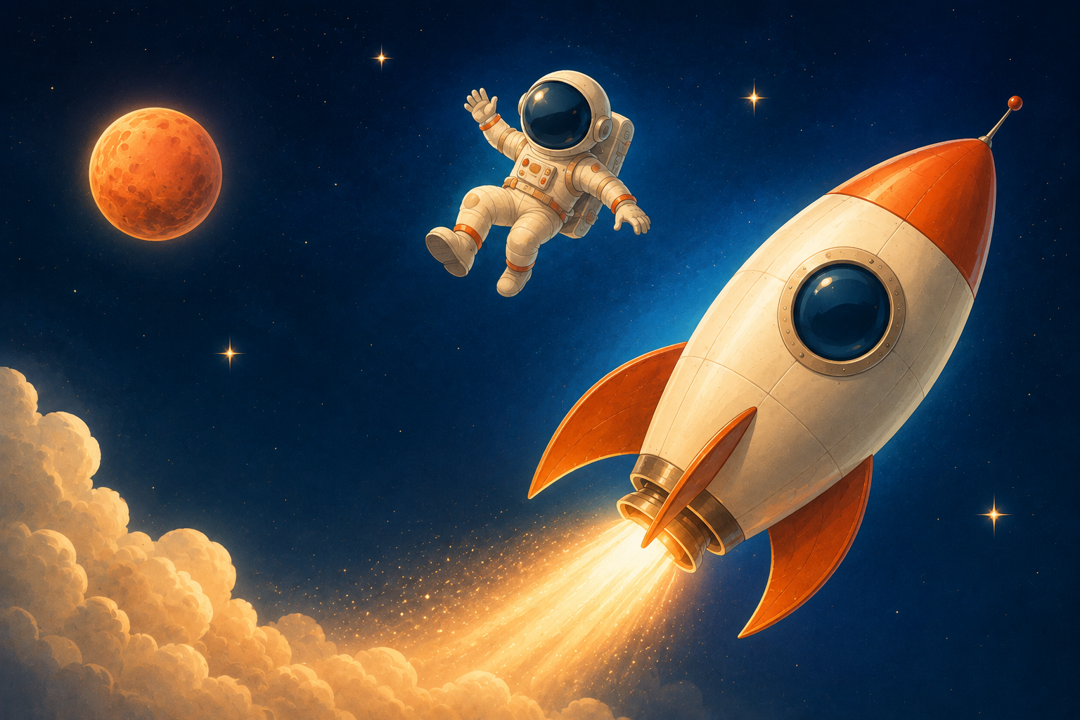 Fototapeta Astronauta między rakietą a planetą