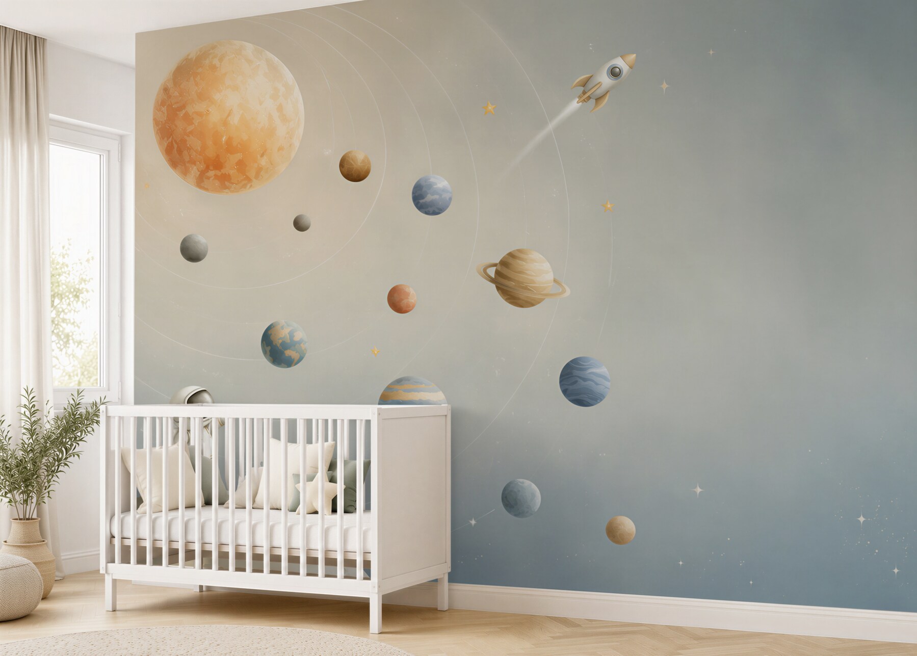 Fototapeta Astronauta patrzy na latającą rakietę