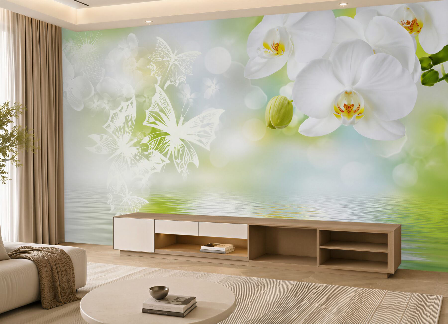 Fototapeta białe kwiaty orchidei w odbiciu w wodzie